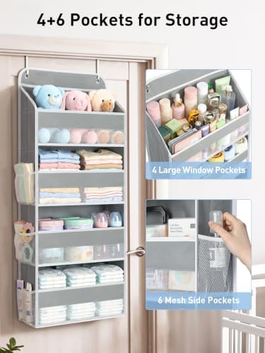 Yecaye Over the Door Organizer, Stuffed Animal Storage, Bathroom Organizers and Storage for Nursery Newborn Baby Essentials Stuff Dorm Room, Widen by 7cm, Deepen by 3cm, Grey 4 Tier Extra-Large