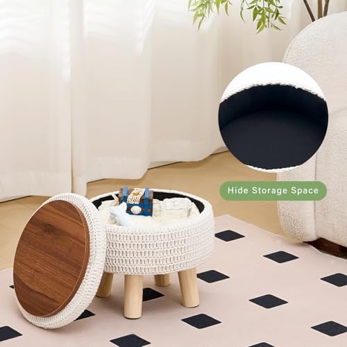 13" Round Handmade Cotton Knitted Boho Small Storage Ottoman with Wood Legs