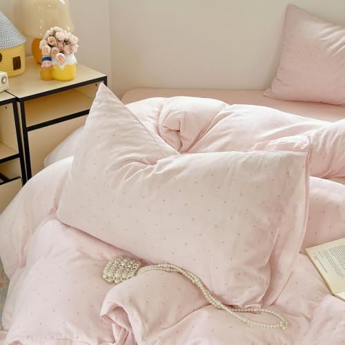 3 Pcs Pink Polka Dot Duvet Cover Queen, Cotton Double Gauze, Zipper & Ties