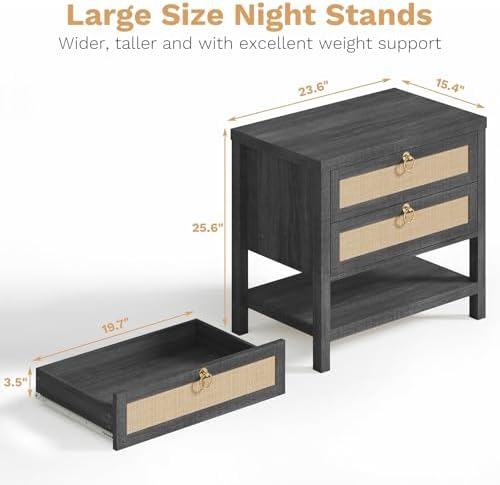Eclatara Large Rattan Night Stand Set of 2 with 2 Drawers and Storage Shelf
