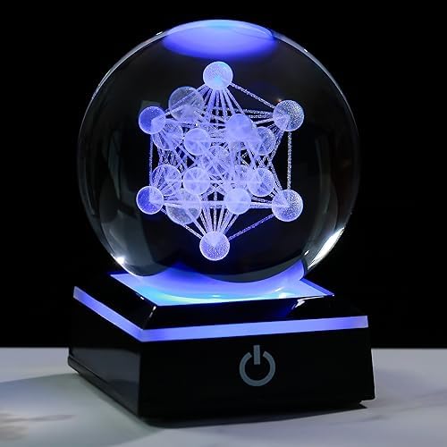 3D Metatron's Cube Crystal Ball with LED Colorful Lighting Touch Base - Flower of Life Night Light - Grid Sacred Geometry Sphere for Meditation Decor Spiritual Decor