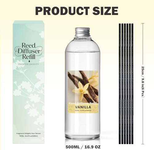 SCENTORINI Vanilla Diffuser Reed Diffuser Oil Refill, 16.9 FL OZ & 6 Sticks