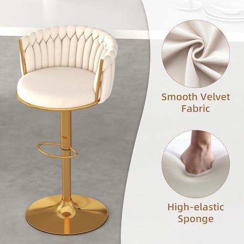 Gold Bar Stools Set of 6, Modern Adjustable Bar Height Barstools, Velvet Swivel Bar Chairs with Woven Backrest, Metal Footrest & Base, Upholstered Counter Stools for Kitchen Island, Beige