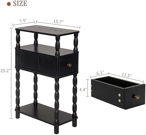 MaxSmeo Black Narrow Side Table, Narrow End Table with Storage, Skinny Small Nightstand with Drawer for Bedroom, Living Room, Small Spaces (Black)