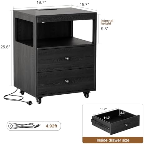 Bedroom Nightstand with Charging Station, Side Table with 2 Drawers,Sofa End Table Living Room with Wheels for Living Room Bedroom Office(Black)