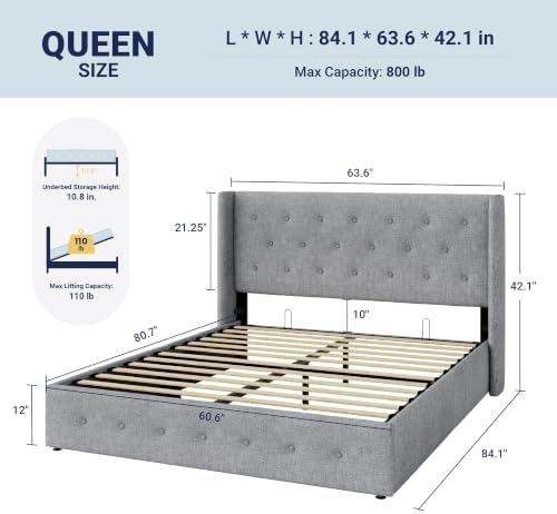 Allewie Queen Size Lift Up Storage Button-Tufted Bed Frame Light Grey