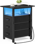 Vagusicc Black Nightstand with Charging Station and LED Lights, Narrow End Table, LED Nightstand with 3 Fabric Drawers for Bedroom, Small Night Stand, Narrow Side Table for Small Spaces, Black