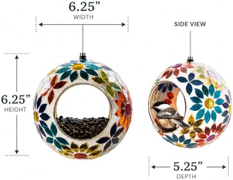 Backyard Expressions Hanging Glass Bird Feeder - Multicolor - Fly Through Bird Feeders for Outside, Mosaic Bird Feeder, Round Shape Wild Birdfeeder