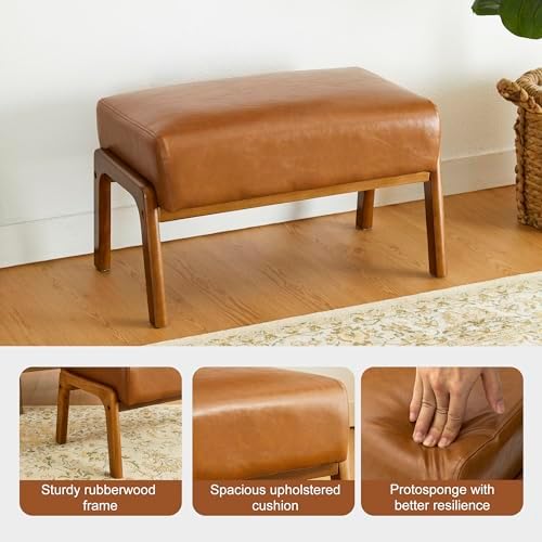 Glitzhome 15.5"(H) Footrest Stool Set of 2, Leatherette Ottoman, Accent Padded Sofa Foot Stool for Accent Chair, Wood Frame Foot Rest Ottoman for Living Room, Bedroom, Yellowish-Brown