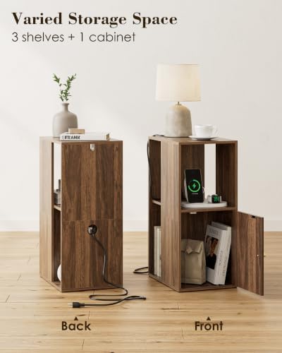 Narrow End Table, 27.6" Nightstand with Charging Station, Walnut