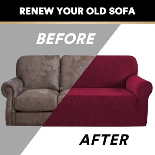 PrinceDeco Stretch Sofa Cover Slipcover Couch Covers for 3 Cushion Couch Furniture Protector Sofa Covers with Non Slip Elastic Bottom Dogs Pet Friendly Fitted(Large Sofa 90"-100",Burgundy Red)