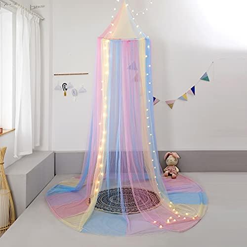 Rainbow Bed Canopy with Lights - Girls Room Bed Netting for Twin, Single, Full, Queen Size Beds - Reading Corners Room Décor