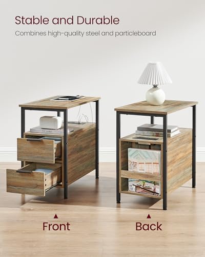 VASAGLE Side End Table with Charging Station, Slim Nightstand with Storage