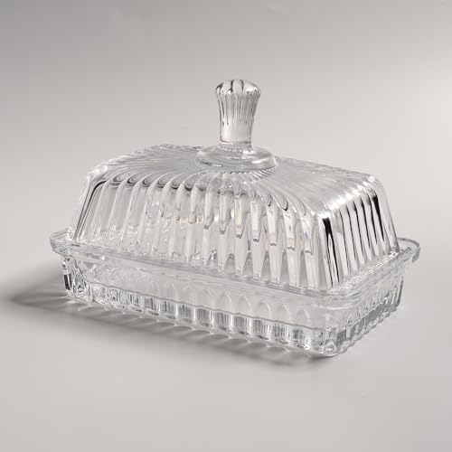 Clear Glass Butter Dish with Lid, Covered Crystal Butter Stick Holder Tray, Glass Butter Storage Container for Fridge Countertop