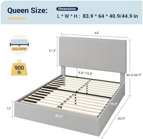 Allewie Queen Bed Frame, Adjustable Corduroy Headboard, Platform, Grey