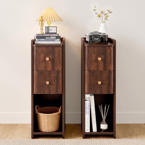 Narrow Nightstand Set of 2, Wooden Small 2 Drawer Nightstand, Slim Side End Table, Skinny Bedside Table, Mid Century Modern Night Stand with Drawers for Bedroom (Cherry Walnut-2 pcs)