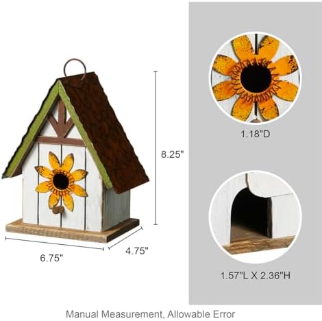 Glitzhome Bird Houses for Outside, Blue Bird Houses for Outdoors, 8.25" H Solid Wood Decorative Hanging Bird House Distressed Cottage Outdoor Garden Birdhouse with 3D Metal Roof and Flower