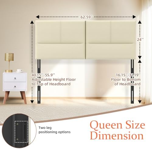 Upholstered Headboard Queen Size, Solid Wood Head Board with Sturdy Metal Legs, Leather Bed Headboard with Height Adjustable, Beige