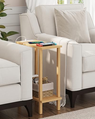 TUTOTAK Narrow Side Table, 2-Tier Small End Table with Charging Station