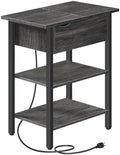 HOOBRO End Table with Charging Station, Narrow Side Table, Flip Top Nightstand with USB Ports and Outlets, Bedside Tables with Shelf for Small Spaces, Living Room, Charcoal Black BC341BZ01