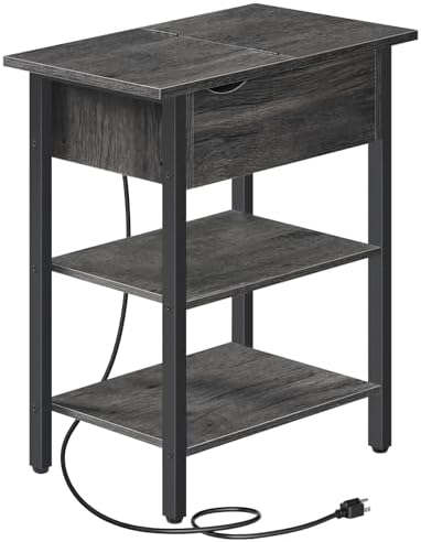 HOOBRO End Table with Charging Station, Narrow Side Table, Flip Top Nightstand with USB Ports and Outlets, Bedside Tables with Shelf for Small Spaces, Living Room, Charcoal Black BC341BZ01