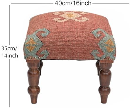 Handmade Jute Ottoman Stool with Wooden Legs | Square Upholstered Foot Rest & Accent Seating | Woven Vanity Stool for Living Room, Bedroom, Hall, Entryway & Home Décor (Red)