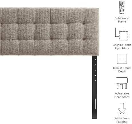 Modway Lily King Size Headboard with Biscuit Tufting in Taupe - Fabric Upholstery with Padded Design and 5 Height-Adjustable Mounts