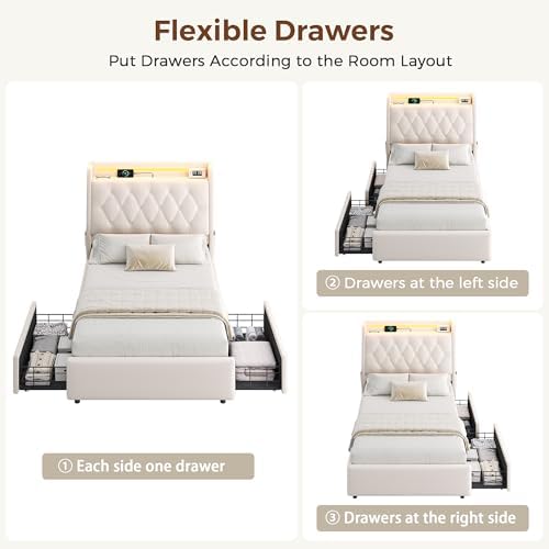 Twin LED Velvet Bed Frame with 2 Storage Drawers&Hidden Headboard, Upholstered Platform Bed with Charging Station&Button Tufted Design, Wooden Slats Support, Box Spring Optional, Easy Assembly, Beige