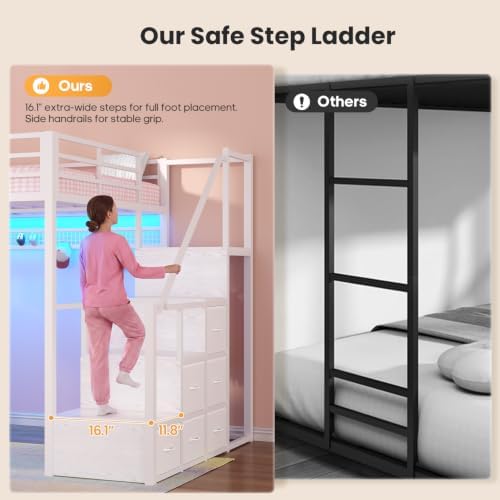 Full Size Loft Bed with 55.5" Desk and Storage Stairs, White