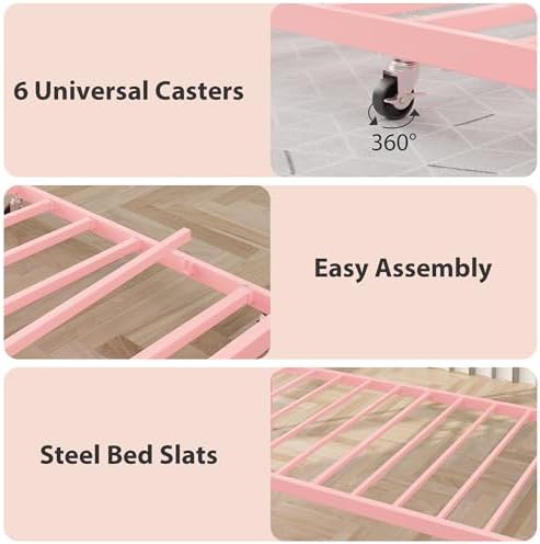 GarveeHome Twin Daybed with Trundle, Metal Sofa Bed Frame with Steel Slat Support, for Living Room, Bedroom, Love Heart Design, No Box Spring Needed, Pink