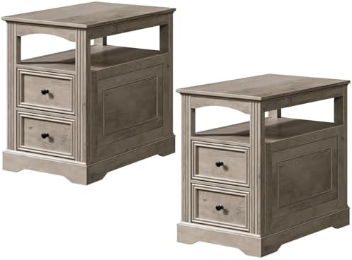 RALGEND Farmhouse End Table with 2 Drawers Set of 2, Greige