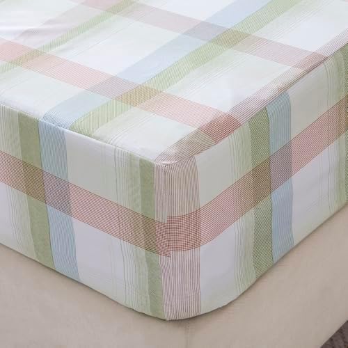 Bedding Fitted Sheet with Deep Pocket,Fresh Design Printed Fabric Bed Sheets for Summer (Green Checkered, Full)