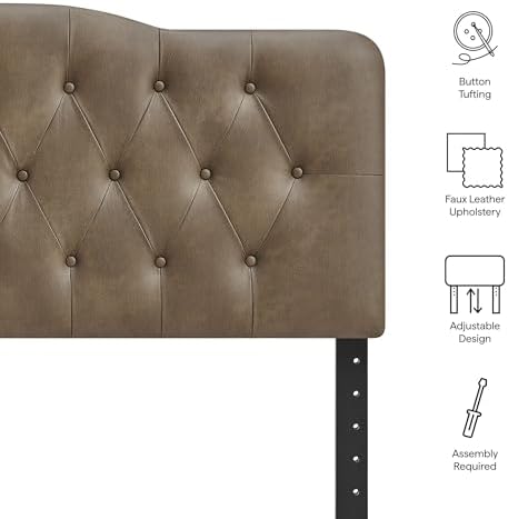 Modway Annabel Faux Leather Adjustable Full Headboard in Mushroom - Padded Vegan Leather Headboard with 7 Height-Adjustable Positions