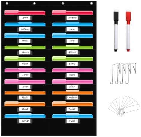 20 Pockets File Storage Pocket Chart with 20 Nametag Pockets, Hanging Wall File Organizer for Classroom and Office, Organize Your Assignments, Files, Scrapbooks, Paper (Black-20 Pockets)