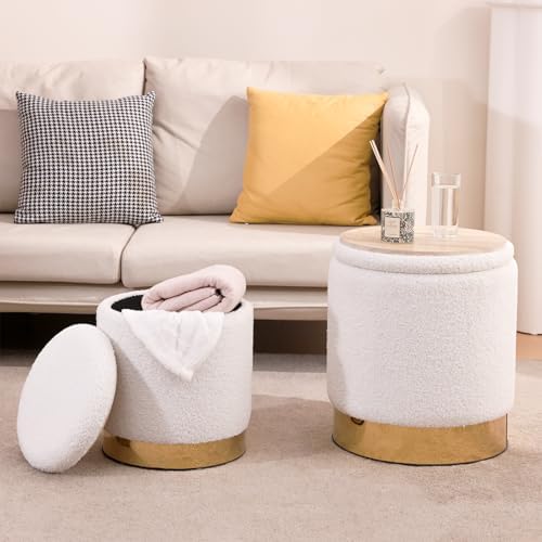 Round Ottoman with Storage, White Teddy, Set of 2