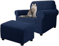 2 Piece Stretch Chair and Ottoman Cover Set, Jacquard Accent Armchair and Foot Stool Slip Cover, Non-Slip Slipcover for Chair with Footrest (Navy,2 Pieces Set)