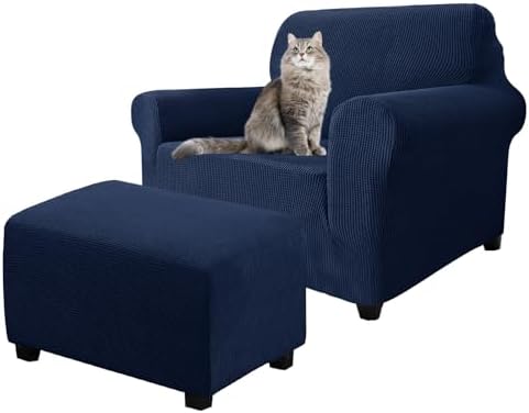 2 Piece Stretch Chair and Ottoman Cover Set, Jacquard Accent Armchair and Foot Stool Slip Cover, Non-Slip Slipcover for Chair with Footrest (Navy,2 Pieces Set)