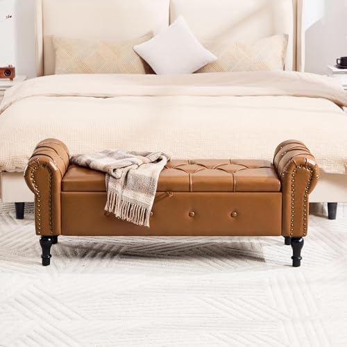 Storage Bench 51" Faux Leather End of Bed Benches Brown