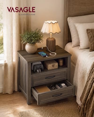 VASAGLE 23.6 inch Farmhouse Nightstands Set 2, Charging Station, 2 Drawers