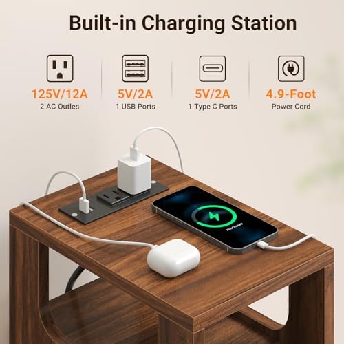Narrow Nightstand Set of 2 with Charging Station, Small Side Table, Walnut