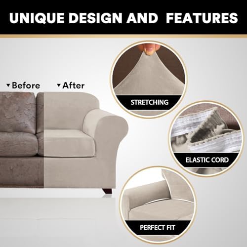 PrinceDeco Velvet Couch Cover Loveseat Covers for 2 Cushion Couch 3 Piece Sofa Covers for Dogs Washable Loveseat Covers Width Up to 72 Inch No Slip Stretch Sofa Slipcover(Medium, French Oak)