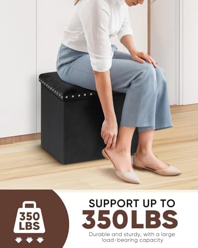B FSOBEIIALEO Storage Ottoman Cube, 15.7" Velvet Folding Ottoman, Black
