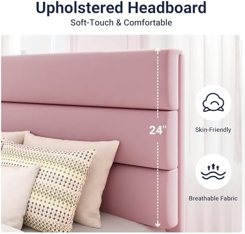Allewie Full Size Platform Bed Frame with Velvet Upholstered Headboard Pink
