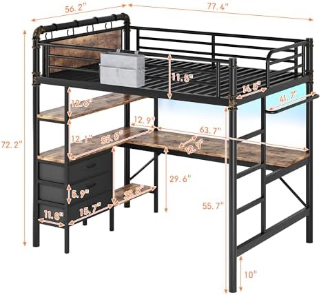 Full Size Loft Bed with L-Shaped Desk, LED Lights,Charging Station, Industrial Heavy Duty Metal Loft Bed Frame with 3 Storage Shelves and 3 Fabric Drawers, Safety Guard & Ladder, Vintage Brown