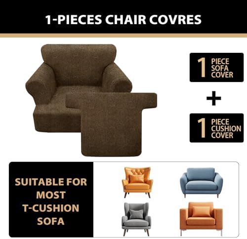Sofa Cover 2 Pieces T Cushion Chair Covers with Arms Super Stretch Chair Slipcover for Living Room,Slip Cover Anti Slip Armchair Furniture Protector Pet Universal(Chocolate, 1 Cushion)