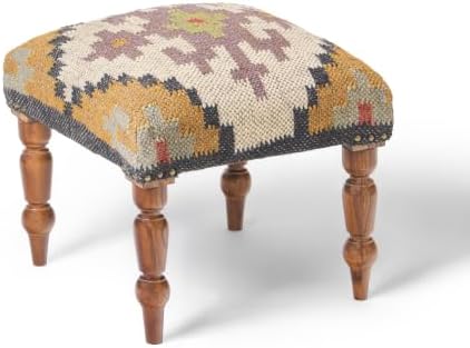 Handmade Jute Ottoman Stool with Wooden Legs | Square Upholstered Foot Rest & Accent Seating | Woven Vanity Stool for Living Room, Bedroom, Hall, Entryway & Home Décor (Yellow)