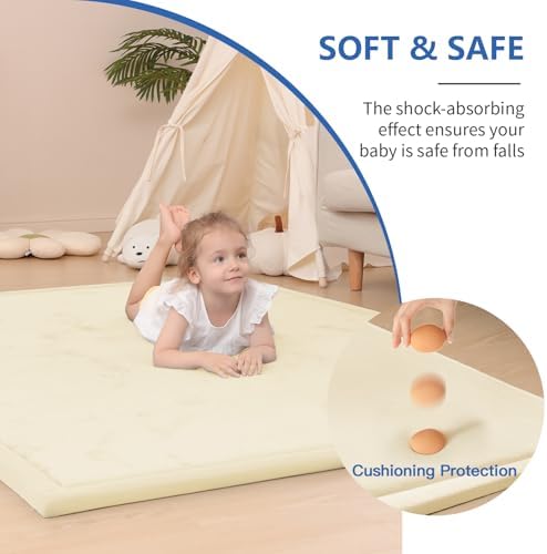 Huloo Sleep Baby Play Mat for Floor,1.3" Thick Memory Foam Tummy Time Mat,Soft Coral Velvet Nursery Rug,Extra Large Non Slip Crawling Mats for Living Room(Vanilla)