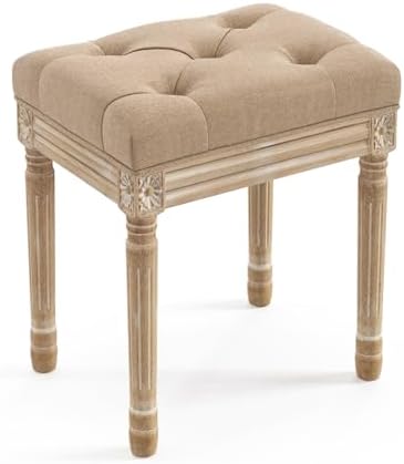 LUE BONA Upholstered Fabric Vanity Bench Seat, Makeup Stools for Vanity, Square Tufted Ottoman Bench with Carved Wood Color Legs for Bedroom Living Room, Wheat Color