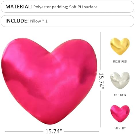 Pink Heart Decorative Throw Pillow, Adorable Heart Accent Cushion for Bed Couch Sofa, Waist Cushion for Car Seat Back Support, Photography Prop and Home Decor