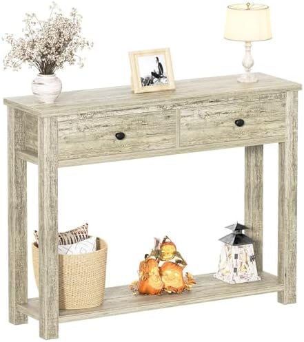 Homieasy Farmhouse Console Table with 2 Drawers, 32 Inch Small Sofa Table with Storage Shelf for Living Room, Behind Couch, Entryway Table for Hallway, Living Room, or Foyer, Light Rustic Oak